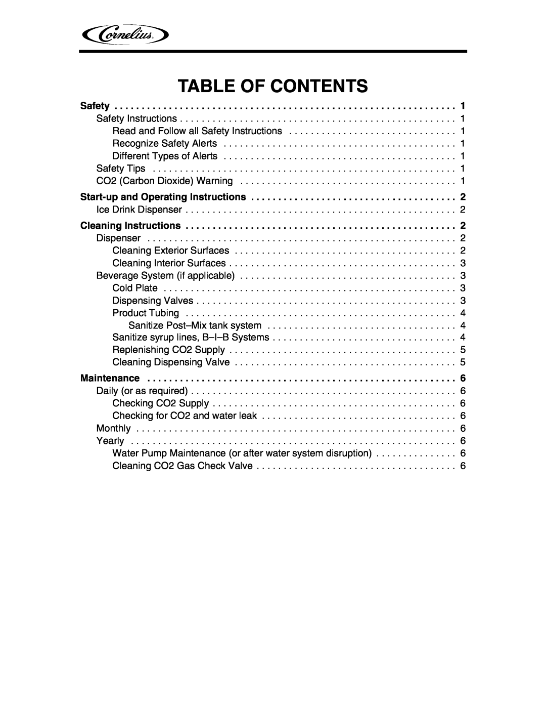 Cornelius IDC 2XX manual Table Of Contents, Safety, Start-up and Operating Instructions, Cleaning Instructions, Maintenance 