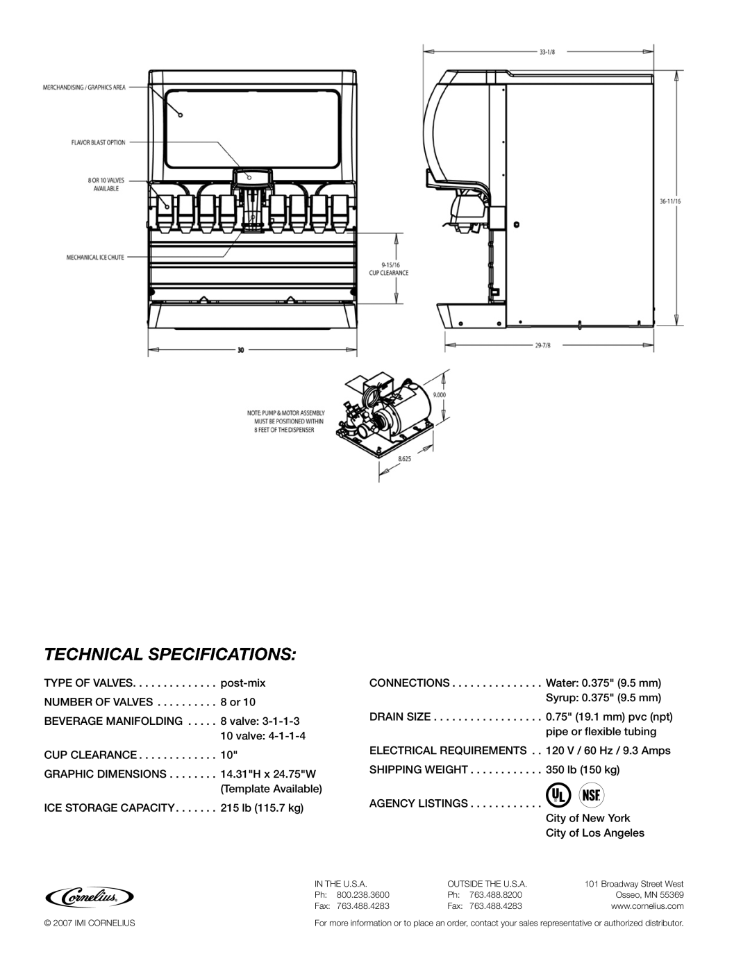 Cornelius IDC215 Type of Valves, Number of Valves Beverage Manifolding, CUP Clearance Graphic Dimensions, Connections 