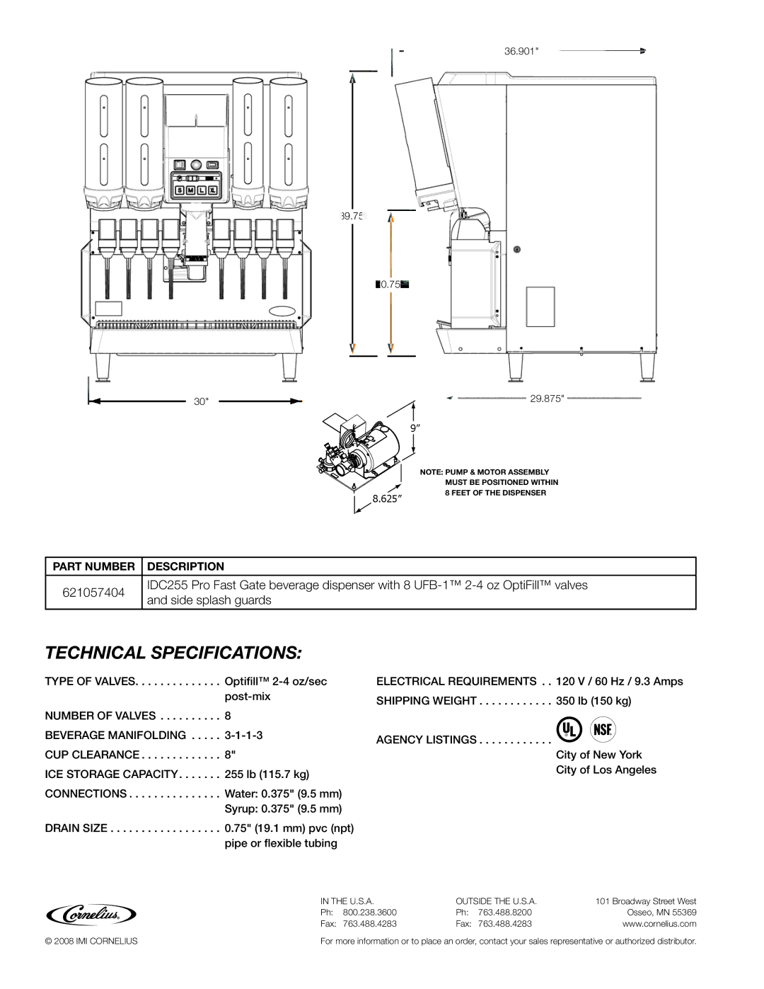 Cornelius IDC255 manual Technical Specifications 