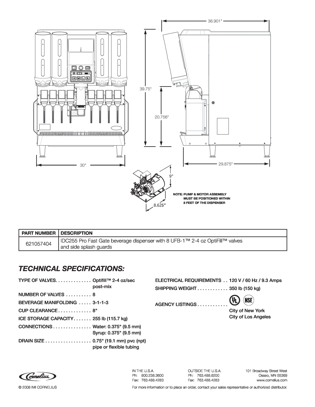 Cornelius IDC255 manual Technical Specifications, 621057404, and side splash guards, Part Number Description 