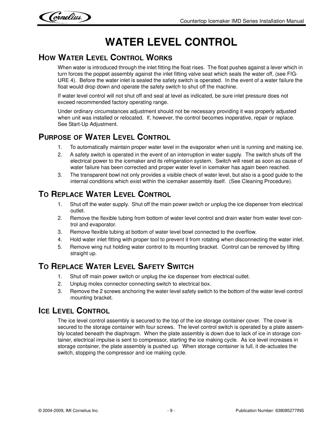 Cornelius IMD Series installation manual Water Level Control 