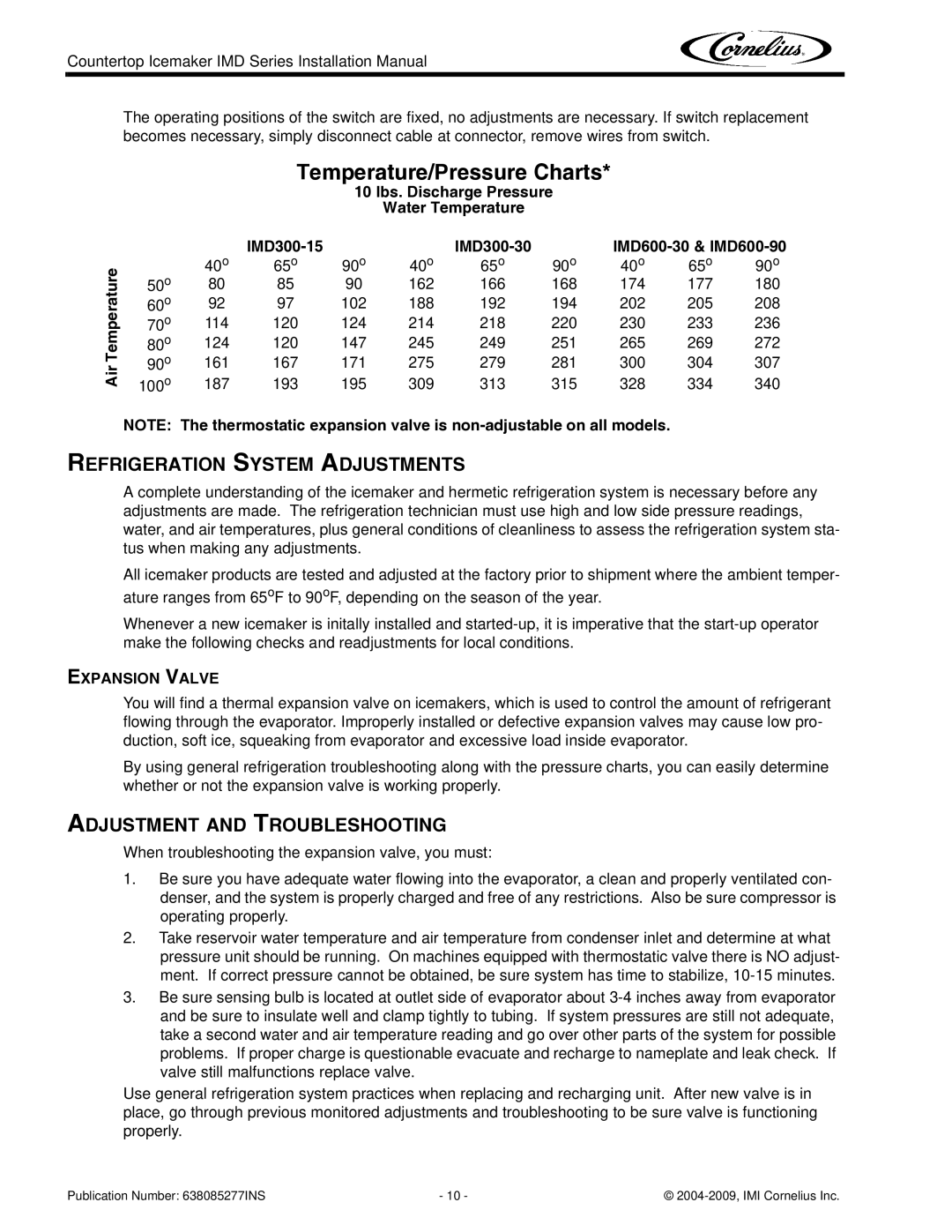 Cornelius IMD Series installation manual Refrigeration System Adjustments, Adjustment and Troubleshooting 