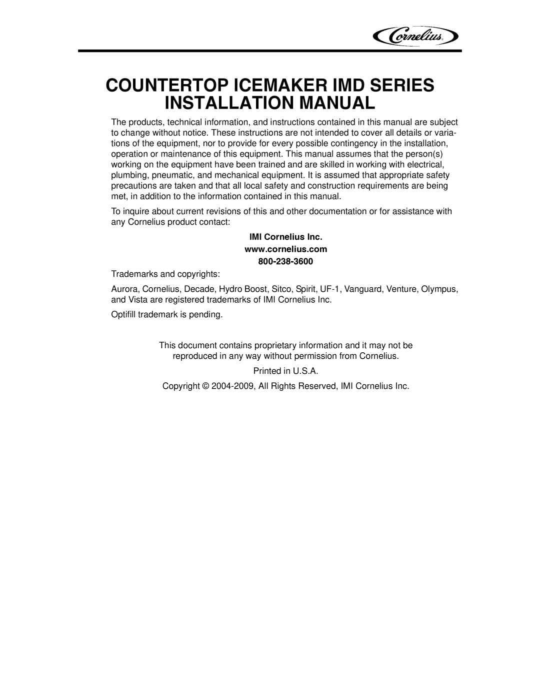 Cornelius installation manual Countertop Icemaker IMD Series Installation Manual, IMI Cornelius Inc 