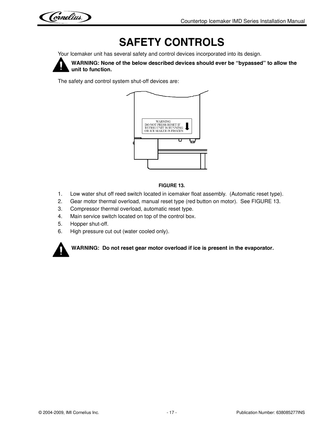 Cornelius IMD Series installation manual Safety Controls 