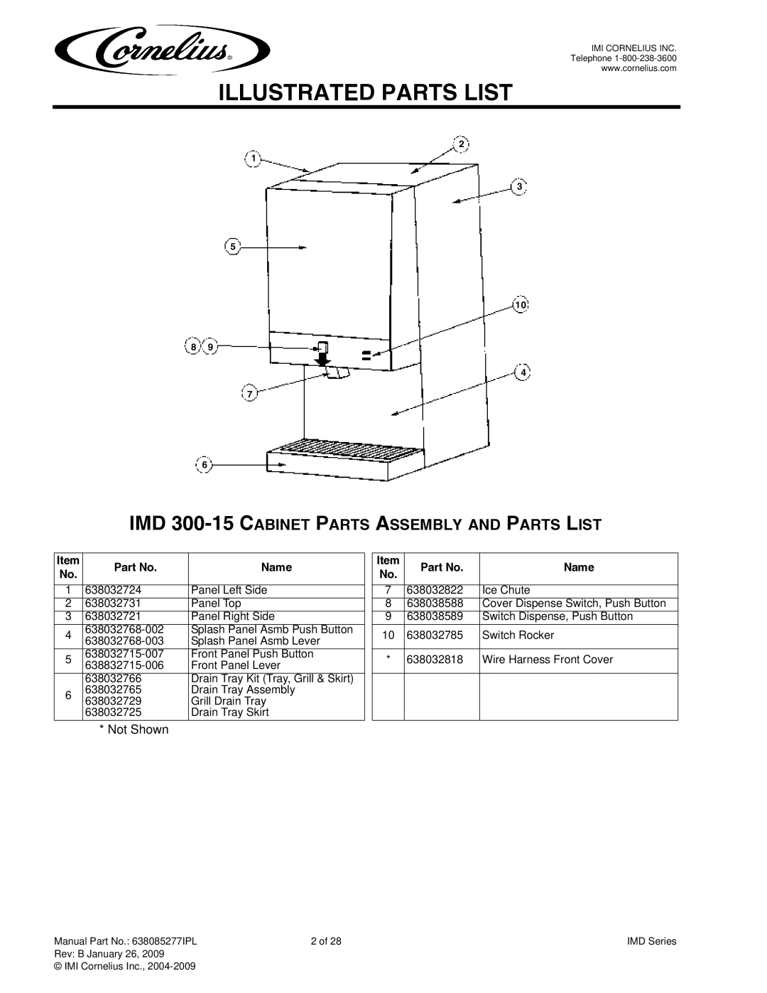 Cornelius IMD600-90, IMD600-30, IMD300-30, IMD300-15 manual IMD 300-15 Cabinet Parts Assembly and Parts List, Name 