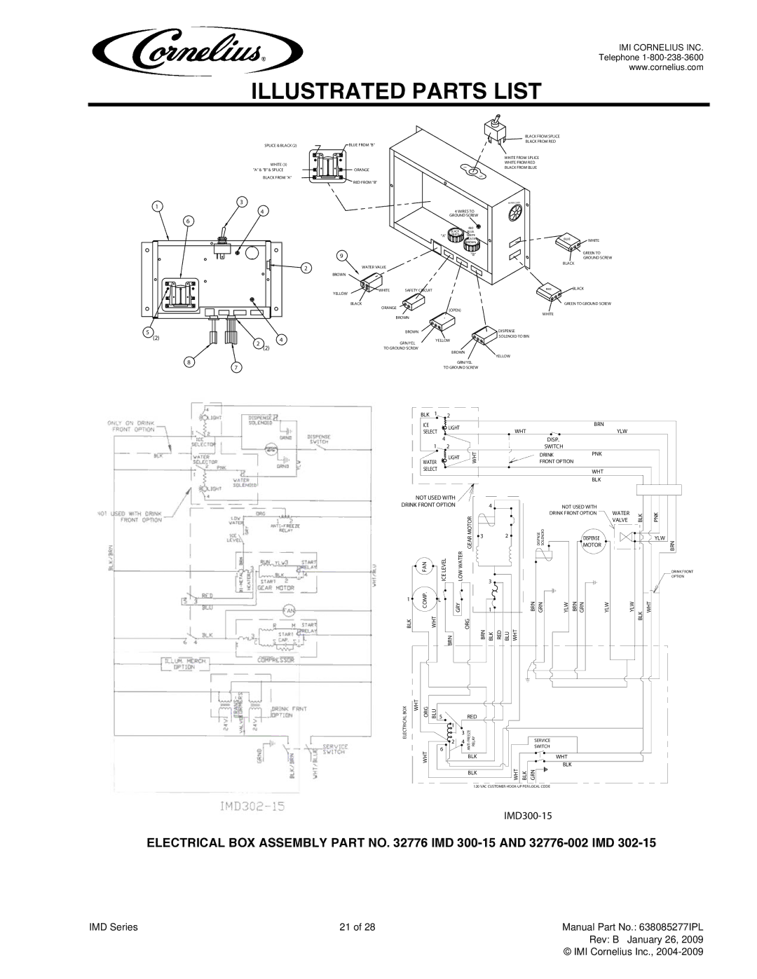 Cornelius IMD300-30, IMD600-30, IMD600-90, IMD300-15 manual Electrical BOX Assembly Part no IMD 300-15 and 32776-002 IMD 