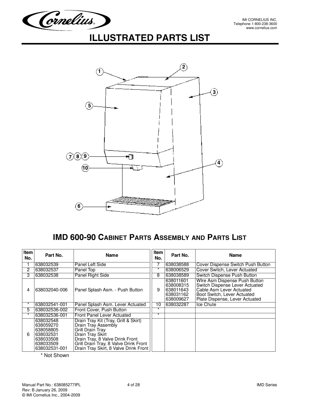 Cornelius IMD600-30, IMD300-30 manual IMD 600-90 Cabinet Parts Assembly and Parts List, Cover Dispense Switch Push Button 