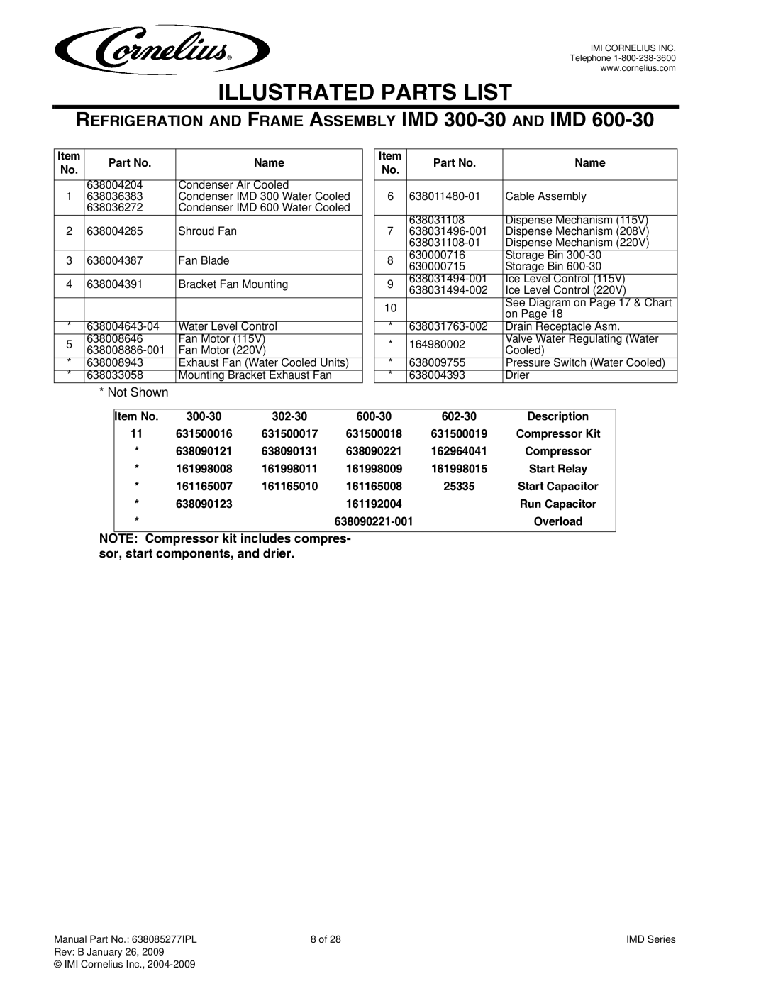 Cornelius IMD600-30 Cable Assembly, Item No, Description, Compressor Kit, Start Relay, Start Capacitor, Run Capacitor 