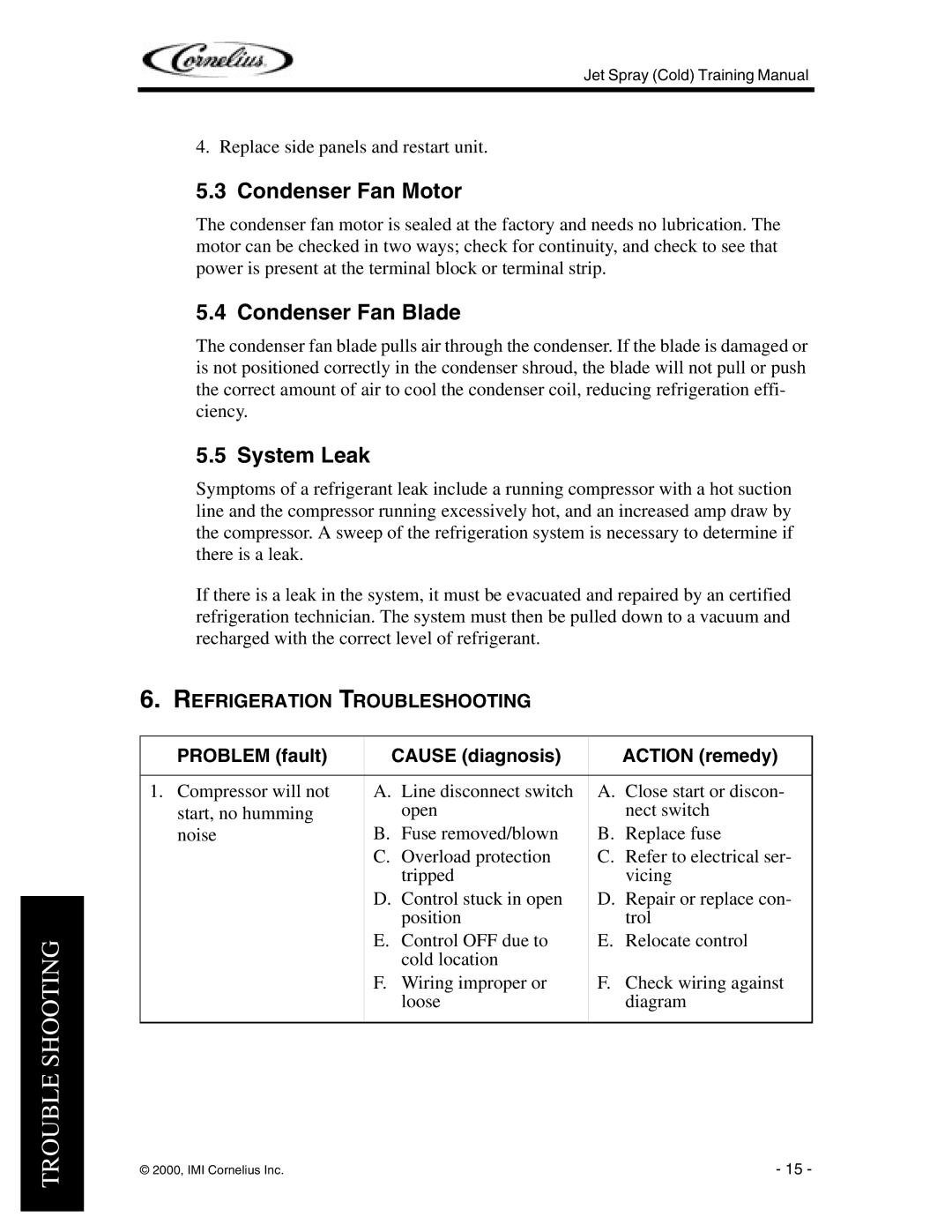 Cornelius JT30, JT20, JS7, J15, EJ1 manual Condenser Fan Motor, Condenser Fan Blade, System Leak, Refrigeration Troubleshooting 