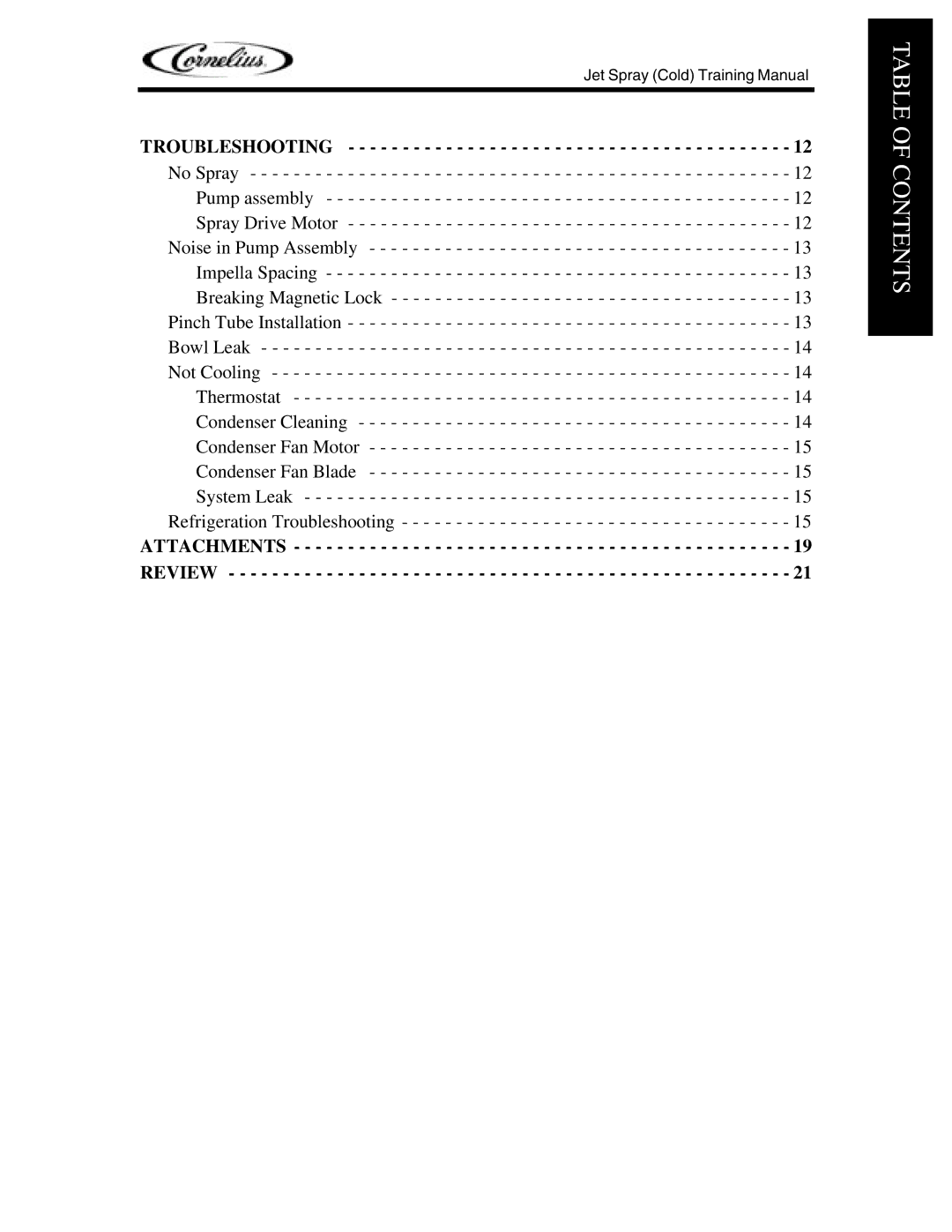 Cornelius JT30, JT20, JS7, J15, EJ1 manual Table of Contents 