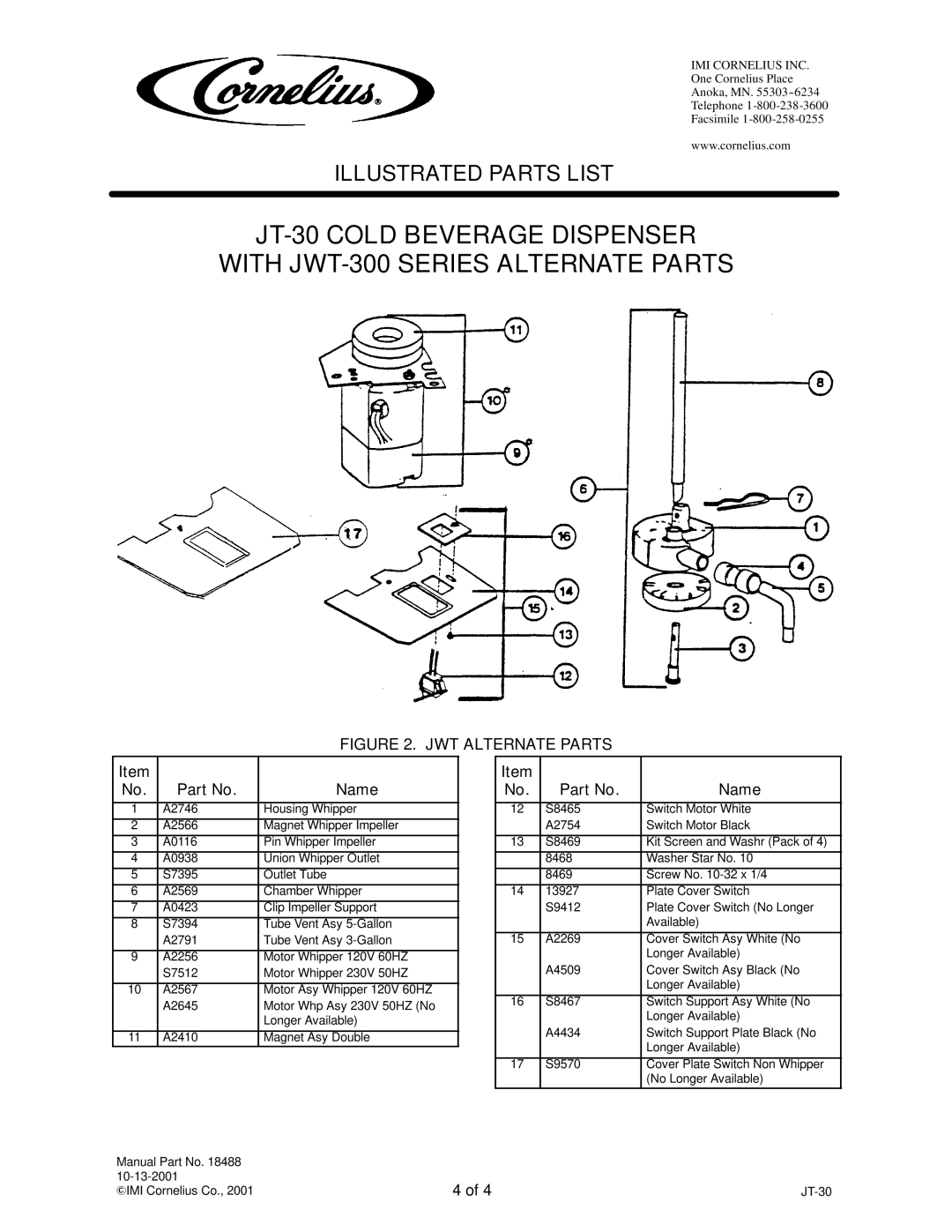 Cornelius A8531, JWT-300 SERIES, A8560, A8543, A8530, A8533, A8540, A8541, A8542, A8532 manual JWT Alternate Parts 