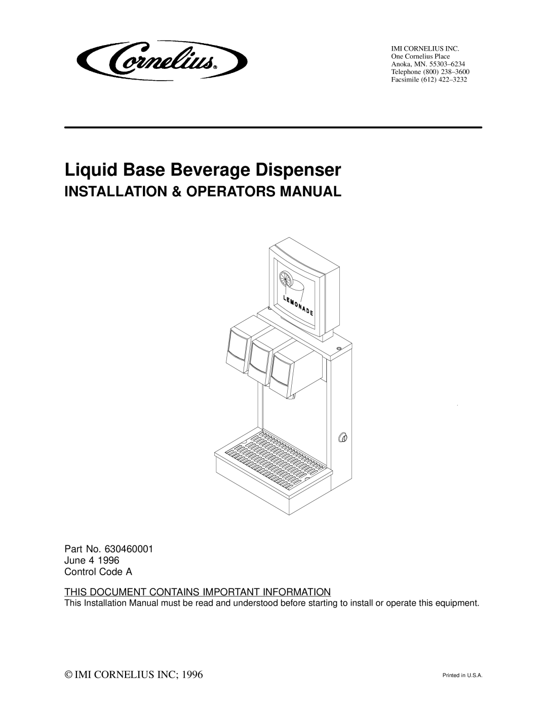 Cornelius Liquid Base Beverage Dispenser installation manual 