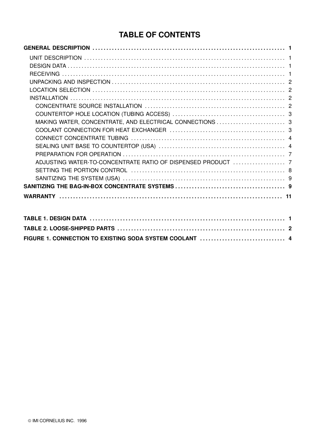 Cornelius Liquid Base Beverage Dispenser installation manual Table of Contents 