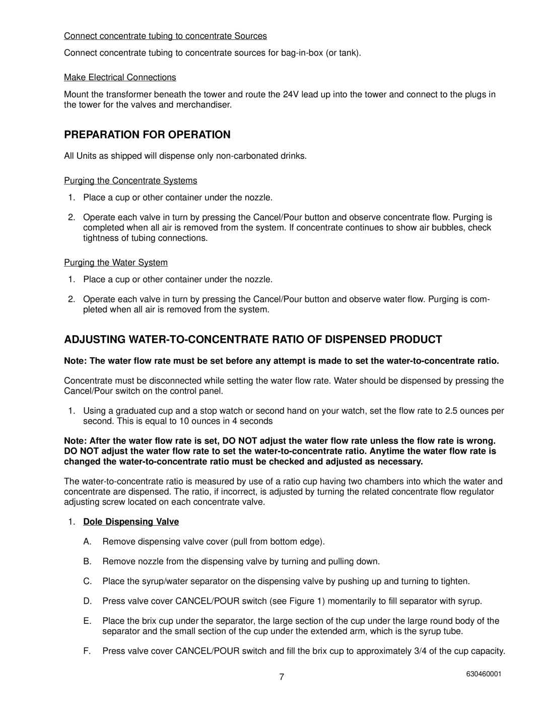 Cornelius Liquid Base Beverage Dispenser installation manual Preparation for Operation, Dole Dispensing Valve 