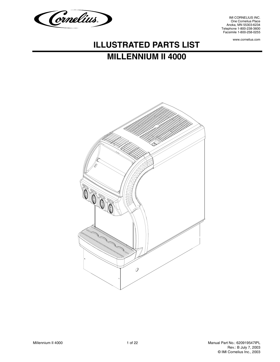 Cornelius MJ32-4 PB, MJ32-4 PC, MJ30-4 PB, MJ30-4 PC, MJ31-4 PB, MJ31-4 PC service manual Illustrated Parts List Millennium II 