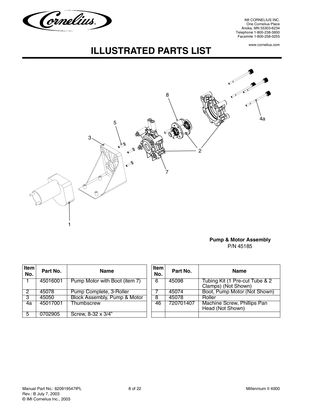 Cornelius MJ32-4 PC, MJ32-4 PB, MJ30-4 PB, MJ30-4 PC, MJ31-4 PB, MJ31-4 PC service manual Pump & Motor Assembly Name 