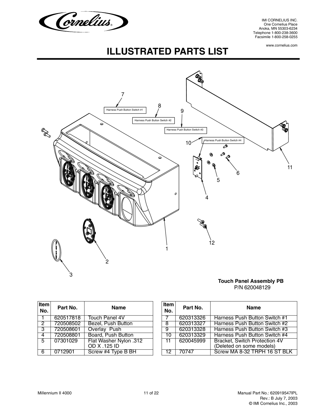 Cornelius MJ31-4 PB, MJ32-4 PB, MJ32-4 PC, MJ30-4 PB, MJ30-4 PC, MJ31-4 PC service manual Touch Panel Assembly PB 