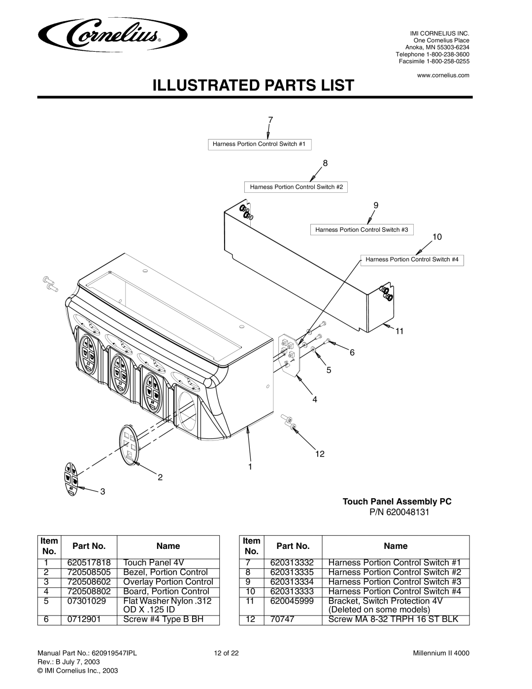 Cornelius MJ31-4 PC, MJ32-4 PB, MJ32-4 PC, MJ30-4 PB, MJ30-4 PC, MJ31-4 PB service manual Touch Panel Assembly PC Name 