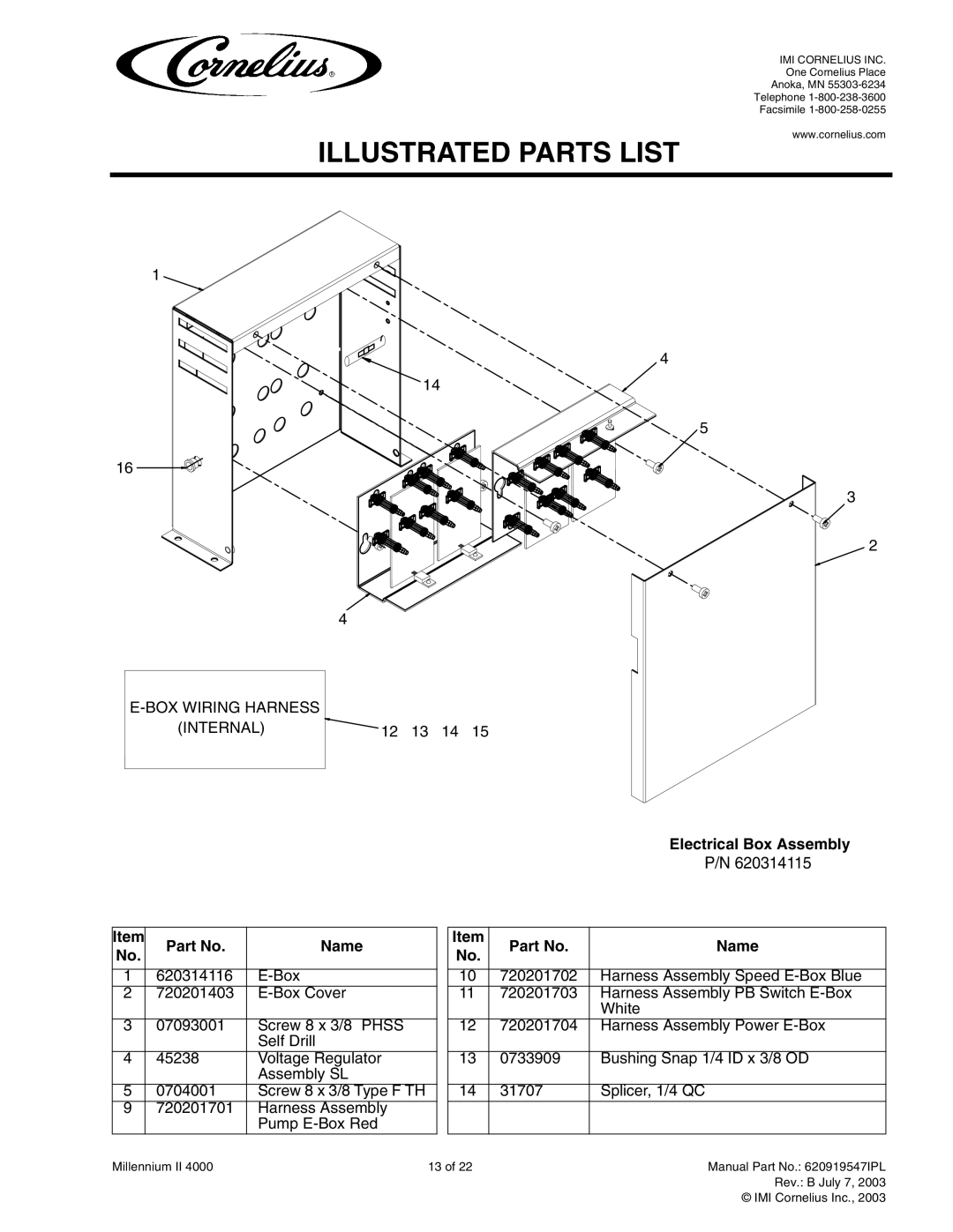 Cornelius MJ32-4 PB, MJ32-4 PC, MJ30-4 PB, MJ30-4 PC, MJ31-4 PB, MJ31-4 PC service manual Electrical Box Assembly Name 