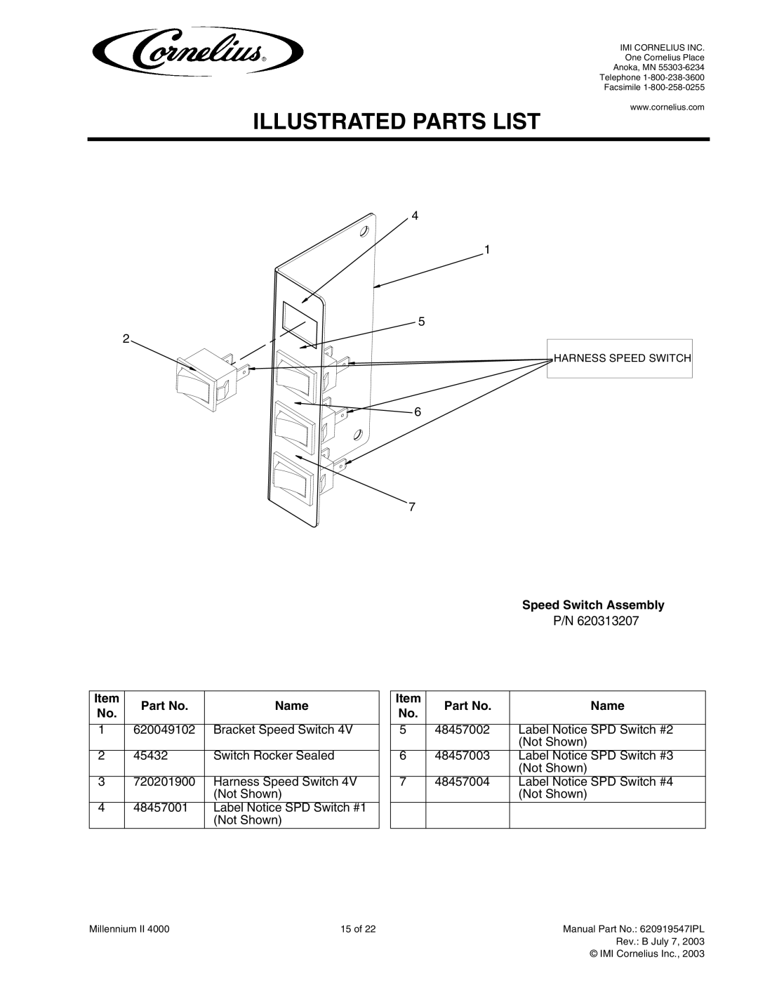 Cornelius MJ30-4 PB, MJ32-4 PB, MJ32-4 PC, MJ30-4 PC, MJ31-4 PB, MJ31-4 PC service manual Speed Switch Assembly Name 