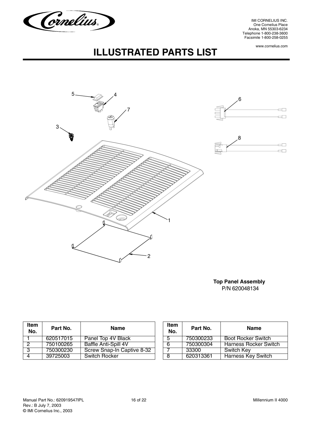 Cornelius MJ30-4 PC, MJ32-4 PB, MJ32-4 PC, MJ30-4 PB, MJ31-4 PB, MJ31-4 PC service manual Top Panel Assembly Name 