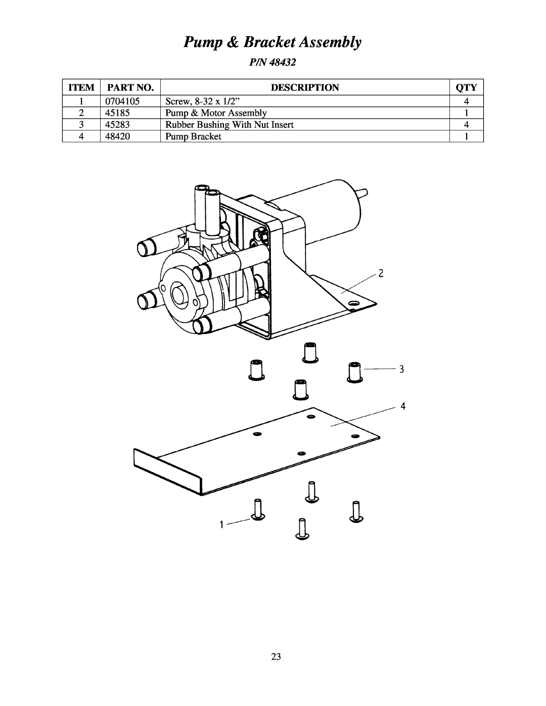 Cornelius MJ32-4 PB Pump & Bracket Assembly, Description, 0704105, Screw, 8-32 x 1/2”, 45185, Pump & Motor Assembly, 45283 
