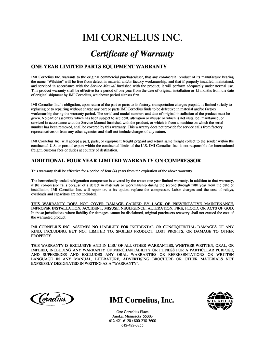 Cornelius MJ31-4 PC, MJ32-4 PB, MJ32-4 PC, MJ30-4 PB Imi Cornelius Inc, Certificate of Warranty, IMI Cornelius, Inc 