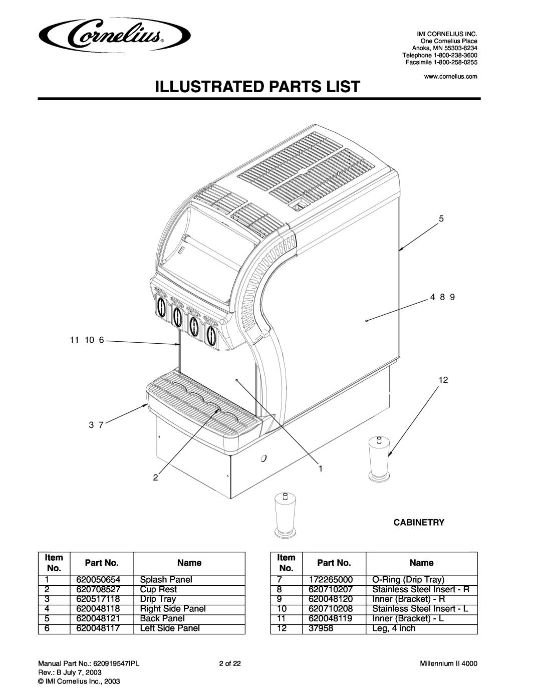 Cornelius MJ32-4 PC, MJ32-4 PB, MJ30-4 PB, MJ30-4 PC, MJ31-4 PB, MJ31-4 PC Illustrated Parts List, Name, Cabinetry 
