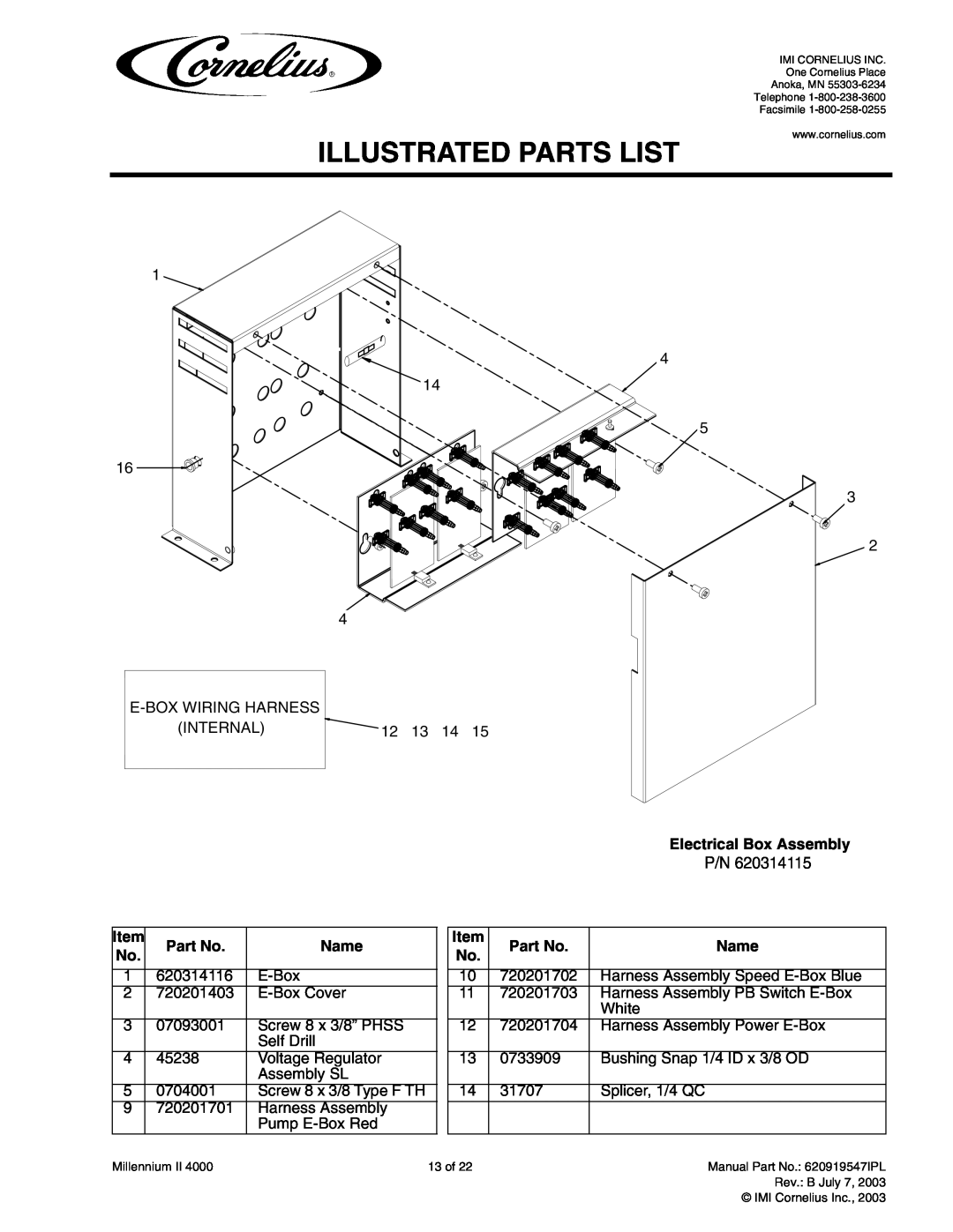 Cornelius MJ32-4 PB, MJ32-4 PC, MJ30-4 PB Illustrated Parts List, E-Box Wiring Harness, Electrical Box Assembly, Name 