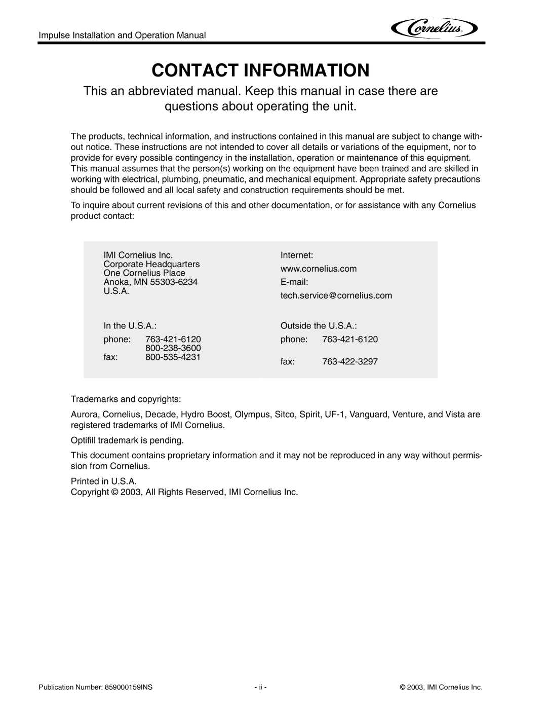 Cornelius Non-Carbonated Post-Mix Beverage Dispenser operation manual Contact Information 