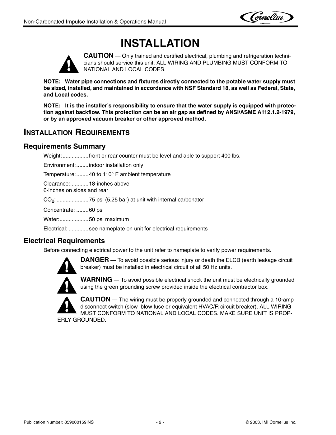 Cornelius Non-Carbonated Post-Mix Beverage Dispenser Installation, Requirements Summary, Electrical Requirements 