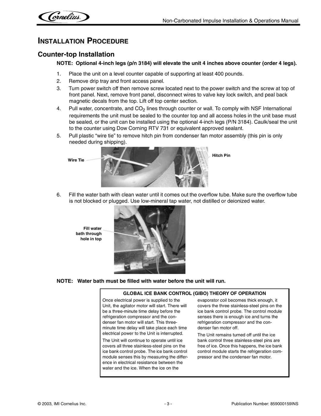 Cornelius Non-Carbonated Post-Mix Beverage Dispenser operation manual Counter-top Installation 