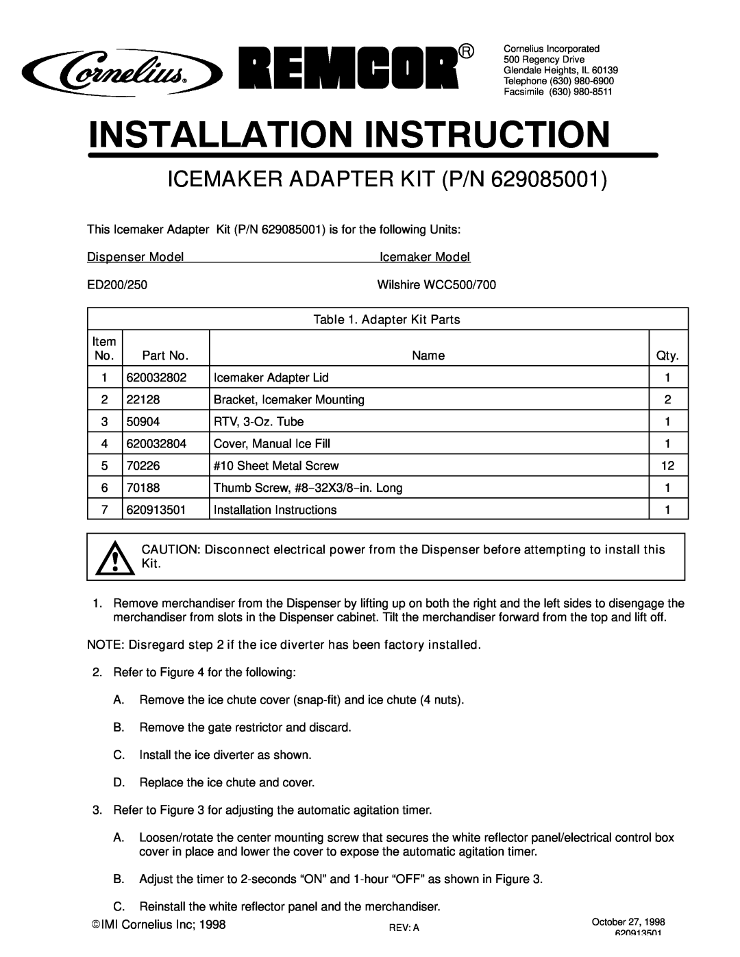 Cornelius P/N 620032802 installation instructions Dispenser Model, Adapter Kit Parts, Name, Icemaker Adapter Kit P/N 