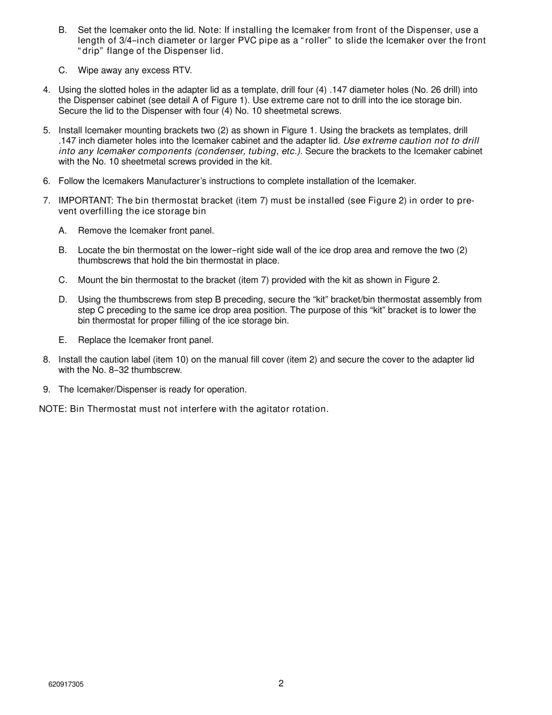 Cornelius P/N 629087003, P/N 629087002 installation instructions 620917305 