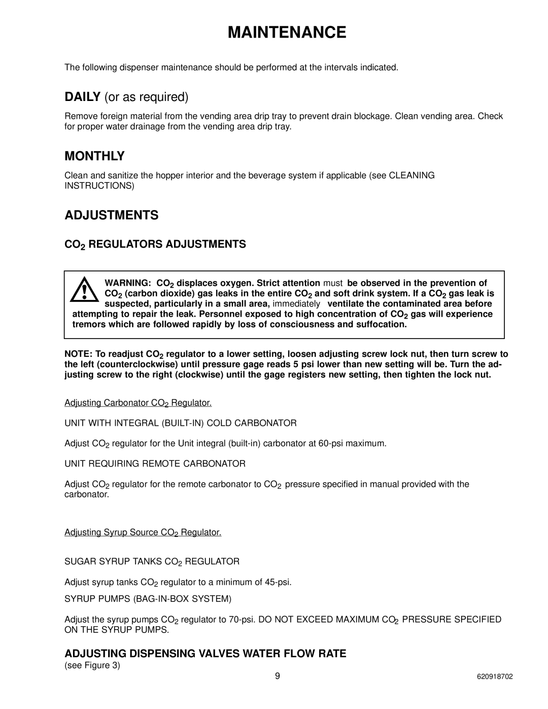 Cornelius PR150 BC manual Maintenance, Monthly, Adjustments 