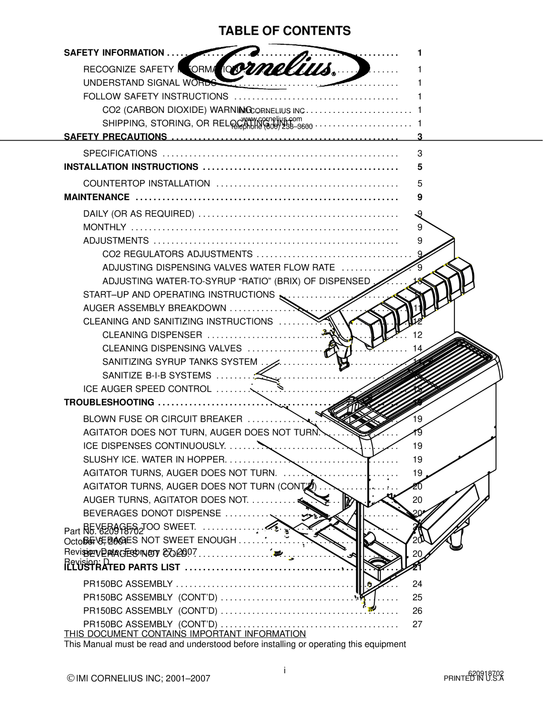 Cornelius PR150 BC manual Table of Contents 