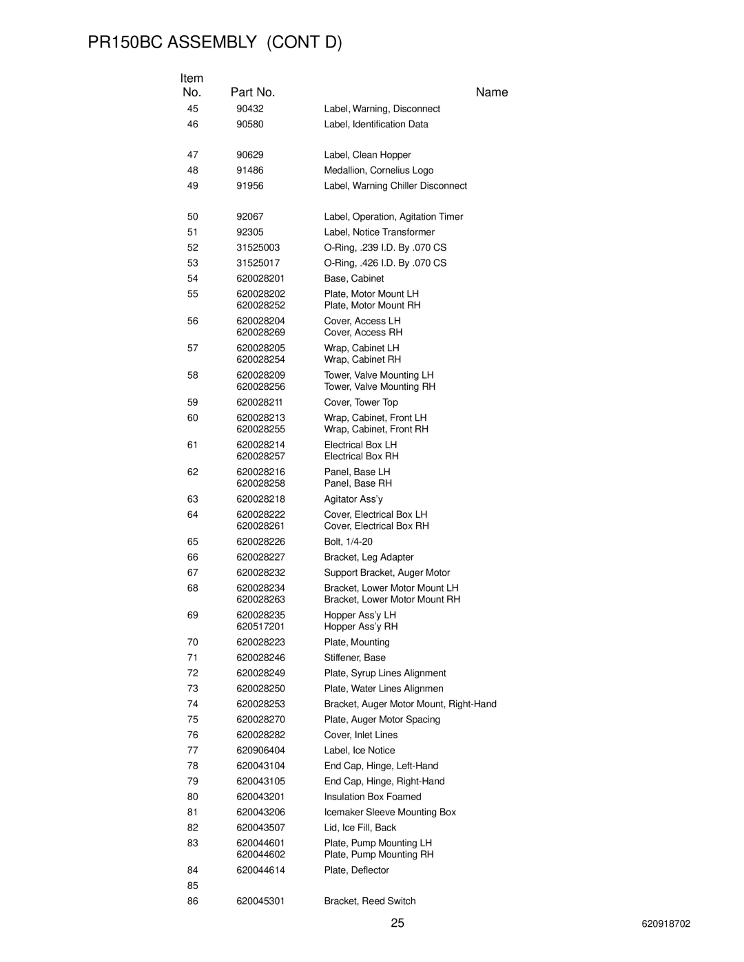 Cornelius PR150 BC manual PR150BC Assembly CONT’D 