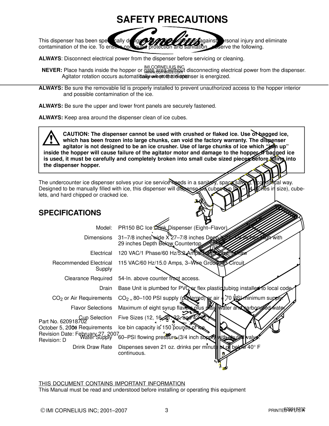 Cornelius PR150 BC manual Safety Precautions, Specifications 