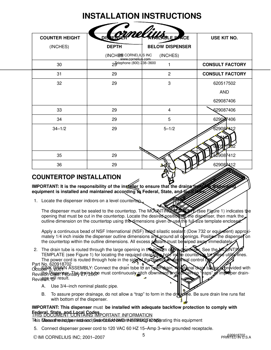 Cornelius PR150 BC manual Installation Instructions, Countertop Installation, Inches 