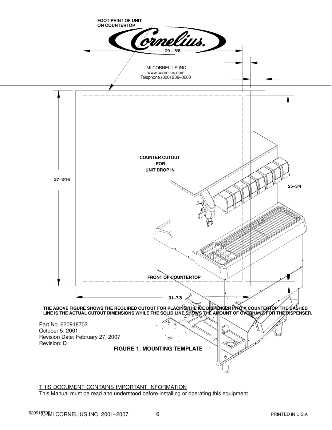 Cornelius PR150 BC manual Mounting Template 