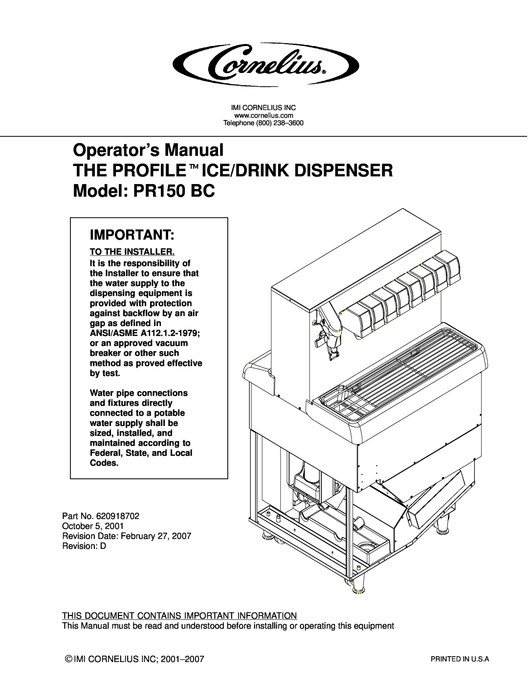 Cornelius manual Operator’s Manual THE PROFILEtICE/DRINK DISPENSER Model PR150 BC 