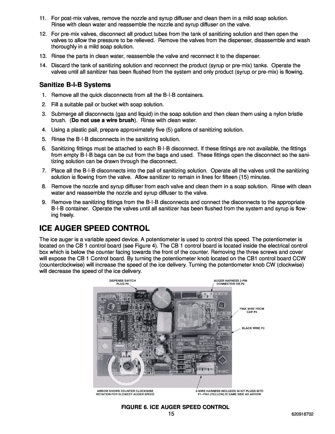 Cornelius PR150 BC manual Ice Auger Speed Control, Sanitize B-I-B Systems 