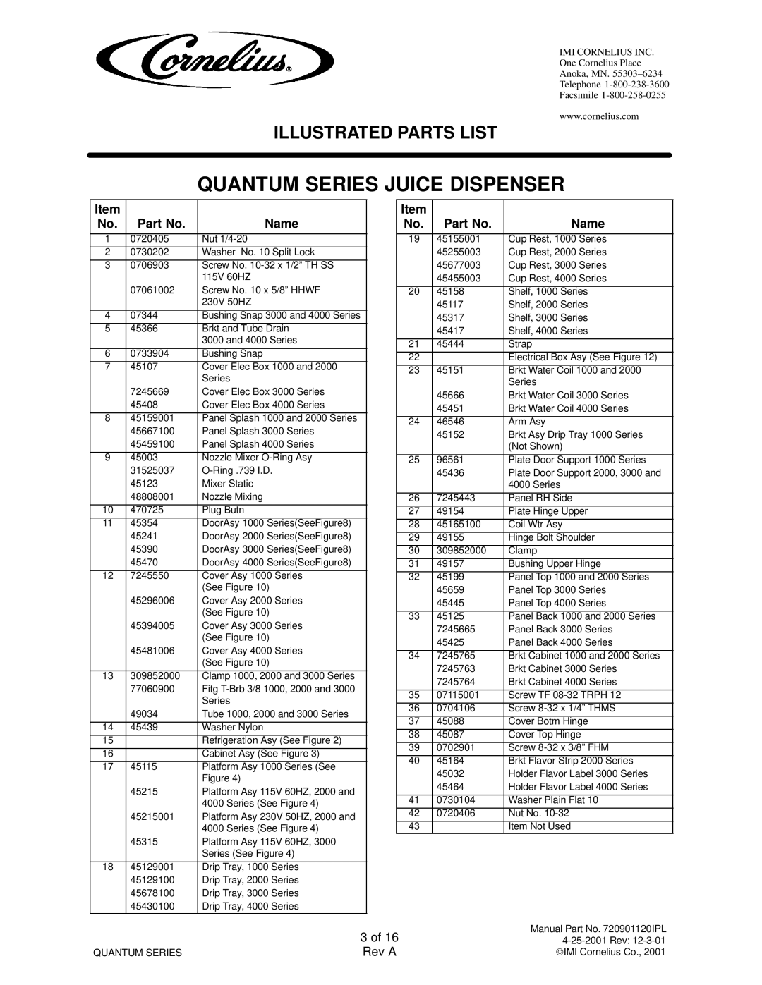 Cornelius QUANTUM SERIES service manual Name 