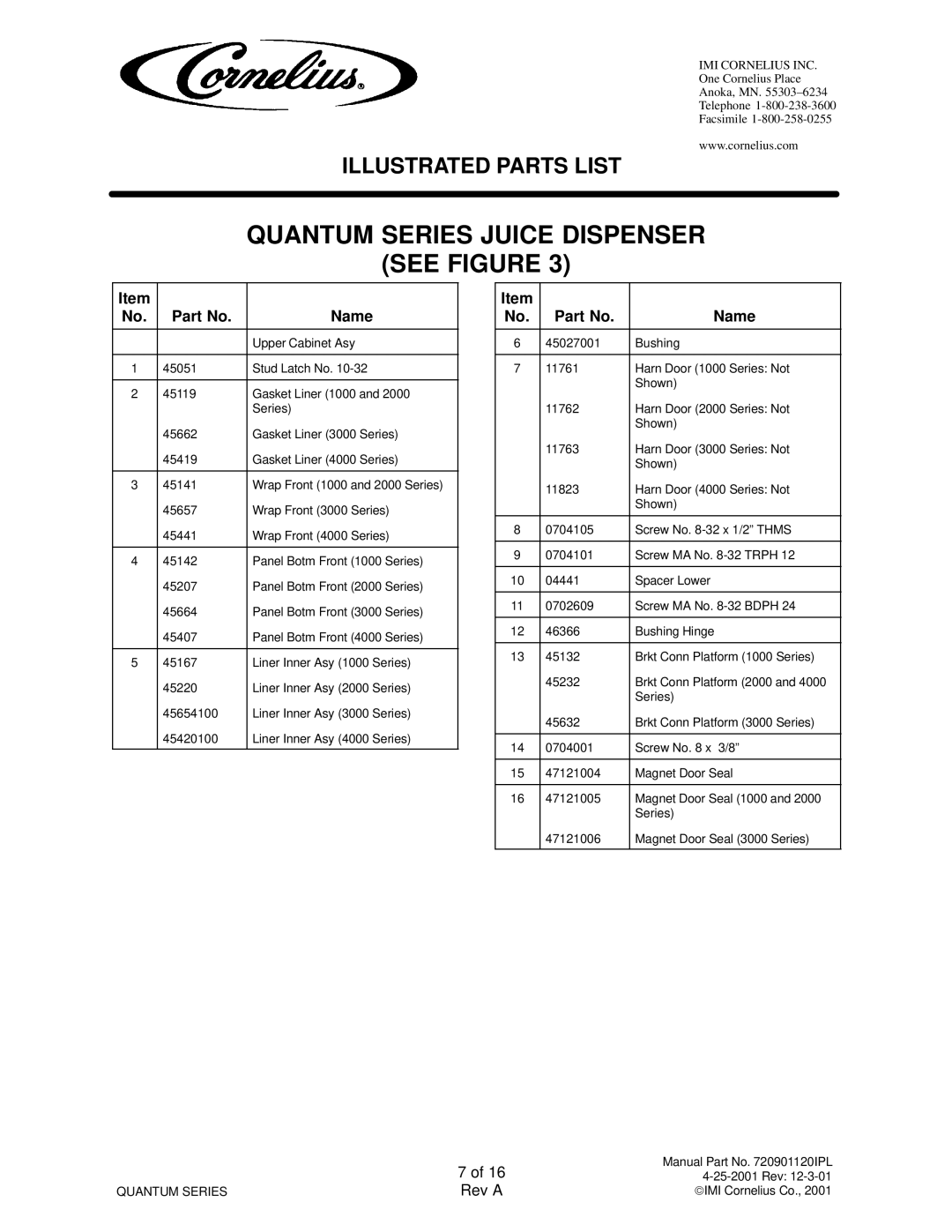 Cornelius QUANTUM SERIES service manual Upper Cabinet Asy 