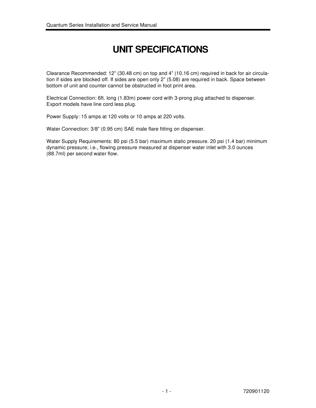 Cornelius QUANTUM SERIES service manual Unit Specifications 