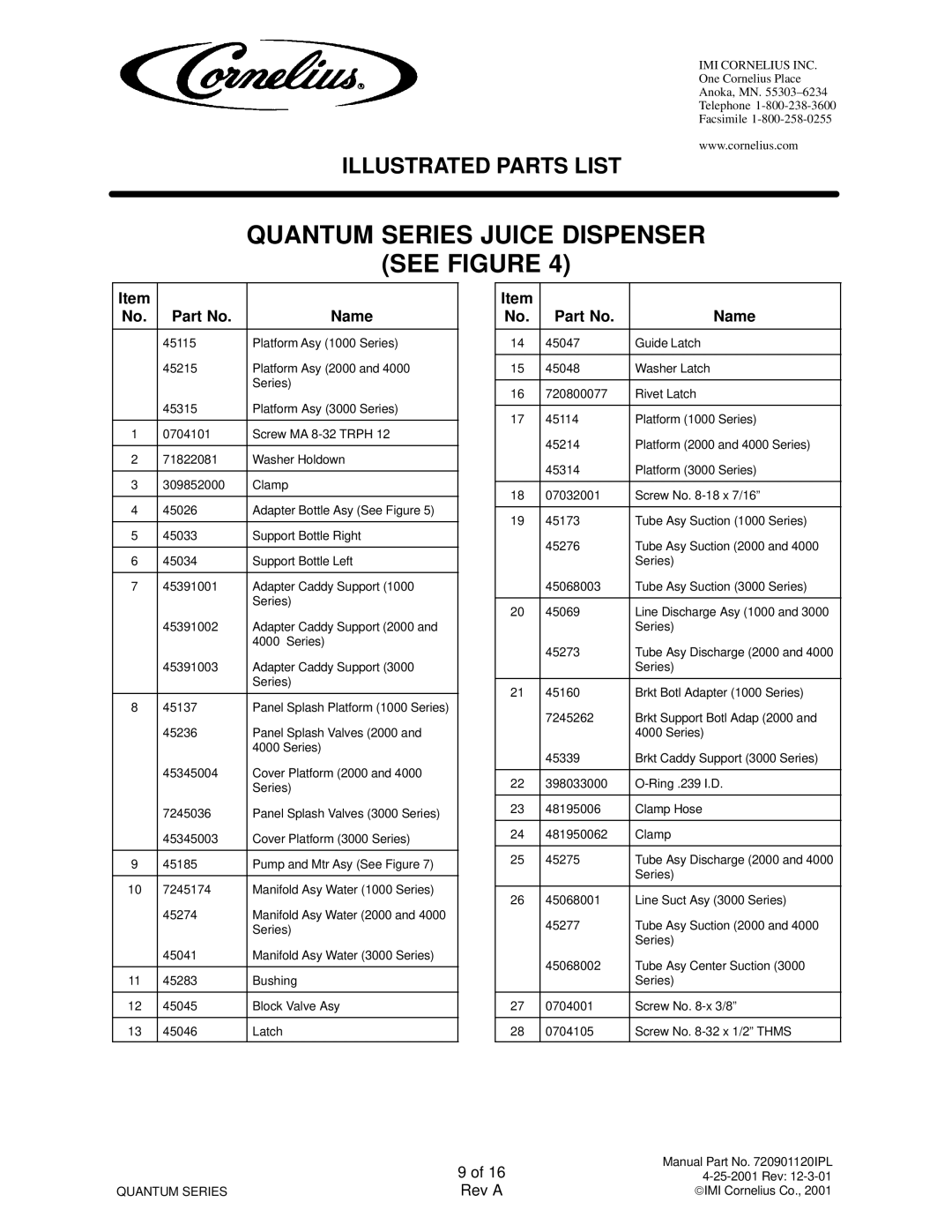 Cornelius QUANTUM SERIES service manual Tube Asy Discharge 2000 