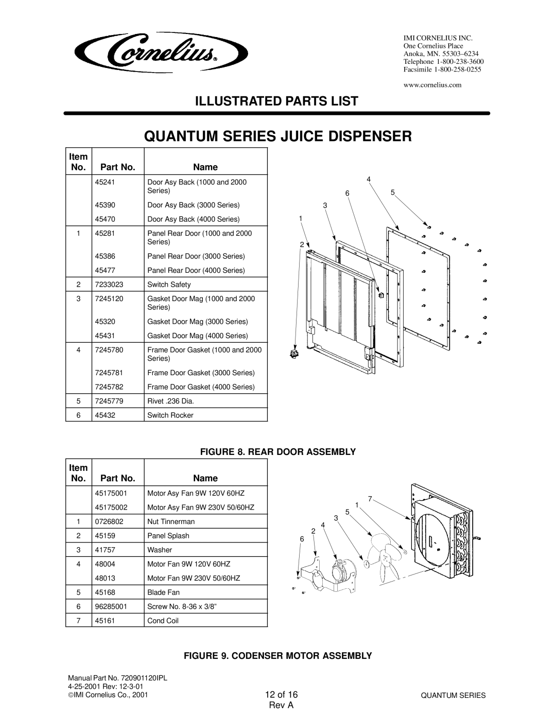 Cornelius QUANTUM SERIES service manual Rear Door Assembly 