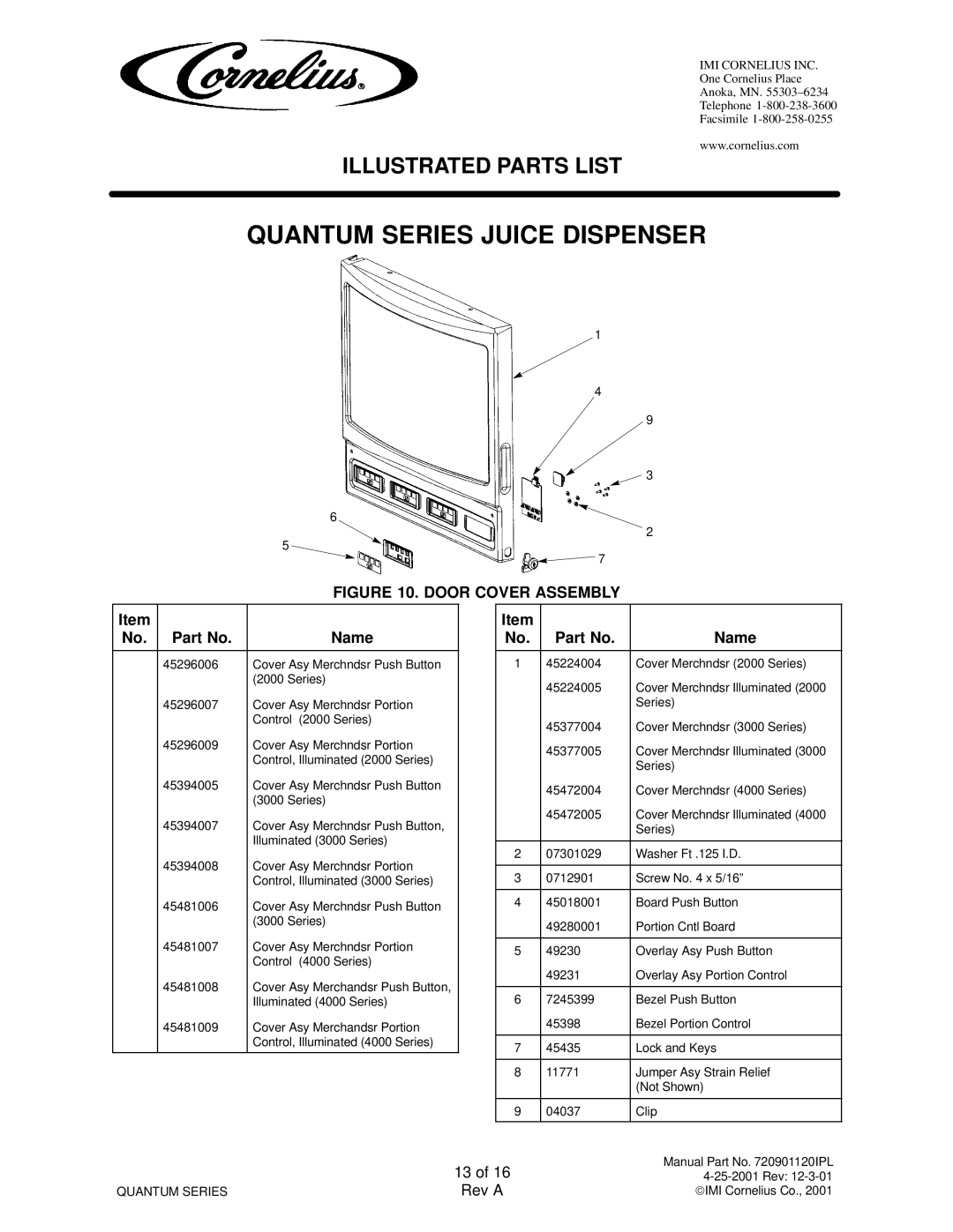 Cornelius QUANTUM SERIES service manual Door Cover Assembly 