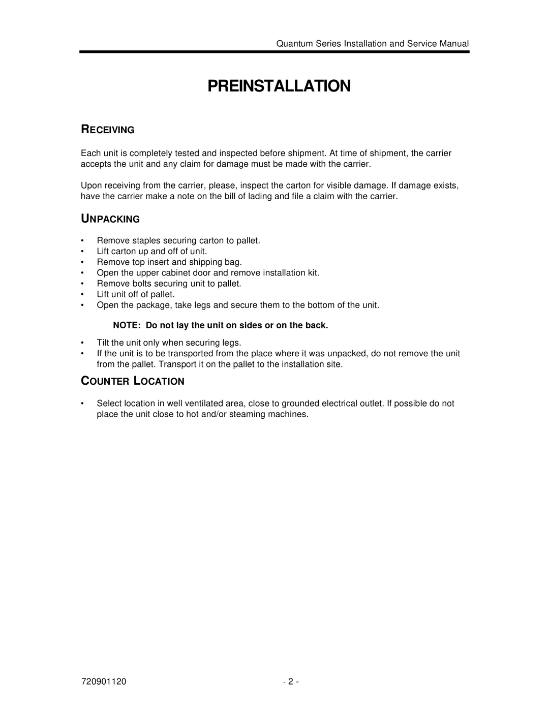 Cornelius QUANTUM SERIES service manual Preinstallation, Receiving, Unpacking, Counter Location 