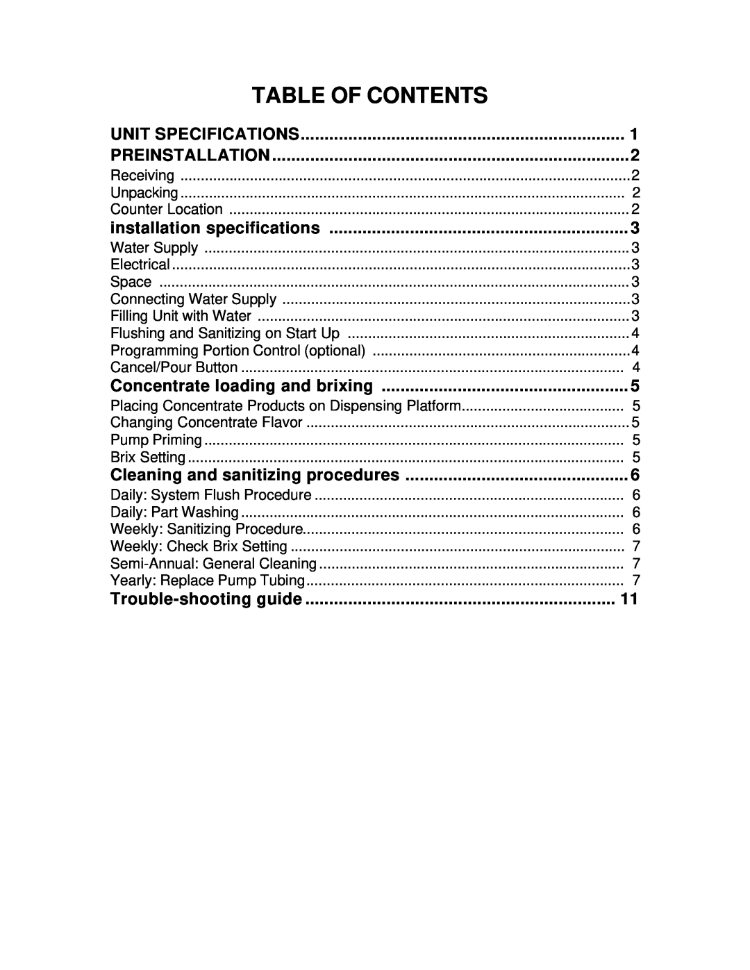 Cornelius QUANTUM SERIES Table Of Contents, Unit Specifications, Preinstallation, installation specifications 